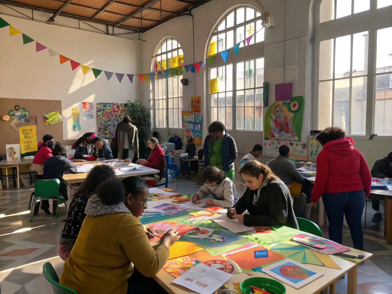 A photograph capturing a community workshop in progress, with participants of various ages and backgrounds actively engaged in an art project.