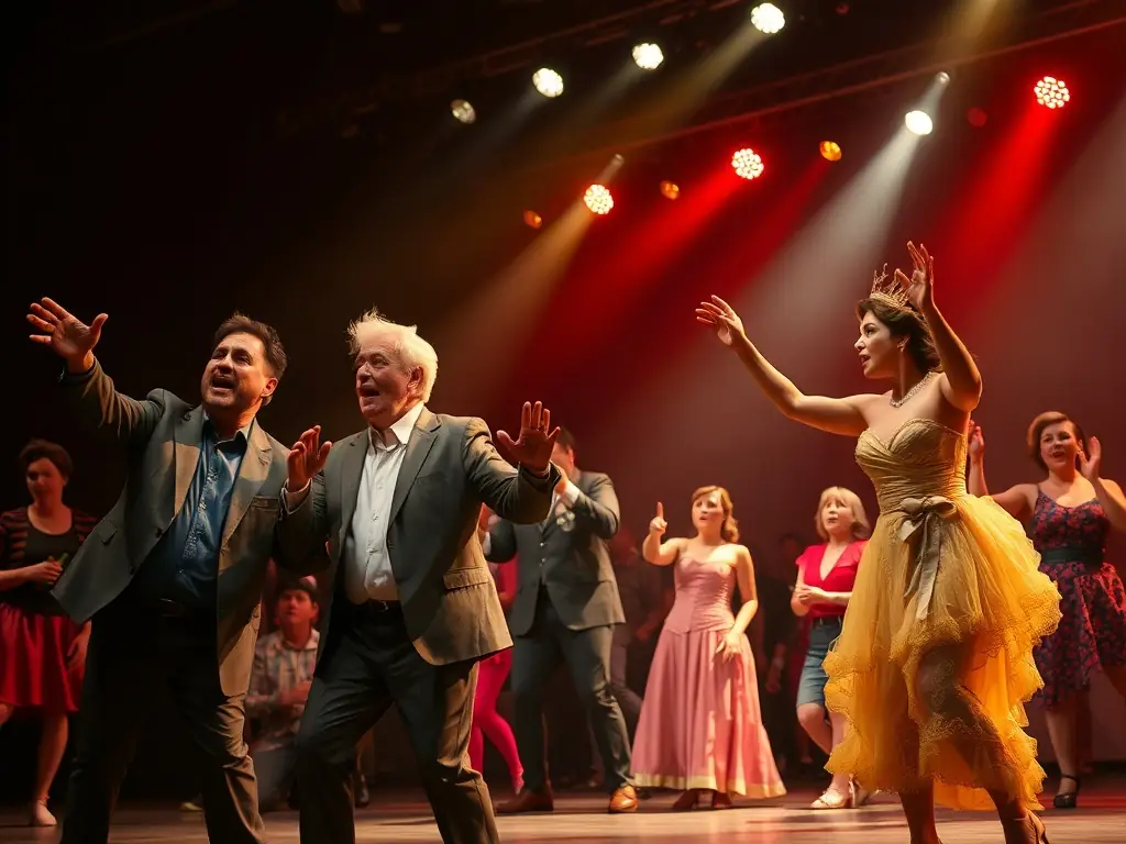 A vibrant stage scene with actors performing a play for a diverse audience, showcasing the inclusive nature of LE BUREAU ET LE RENARD's accessible live performances.