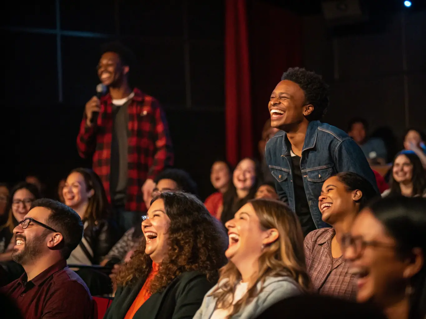 An image of a diverse audience enjoying a vibrant live performance on stage, with inclusive seating arrangements and engaging performers.