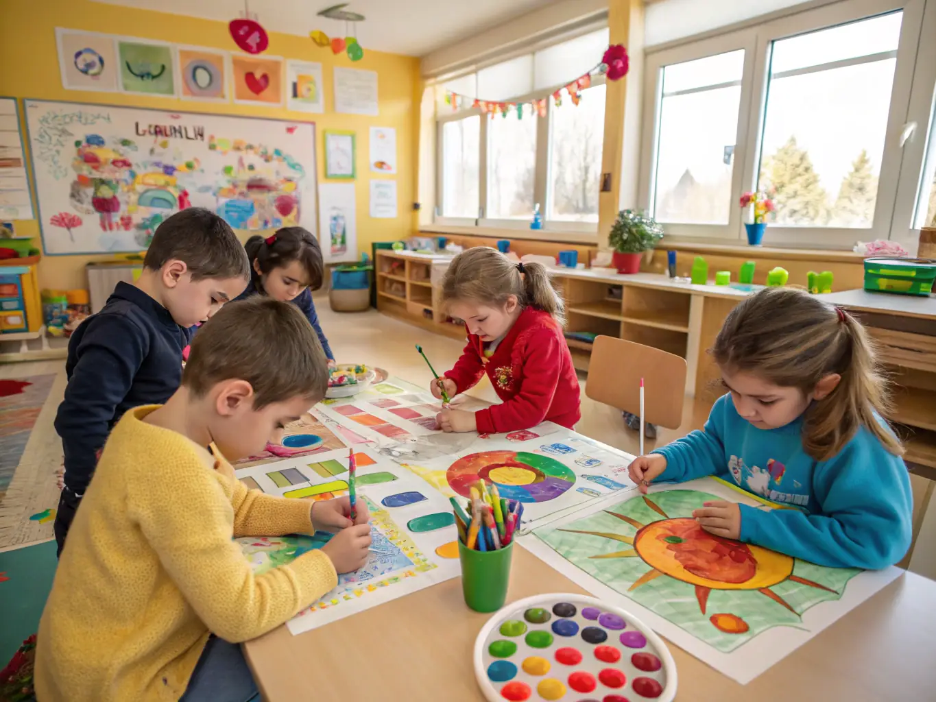 A group of children participating in an interactive arts workshop, highlighting LE BUREAU ET LE RENARD's commitment to arts education and community engagement.