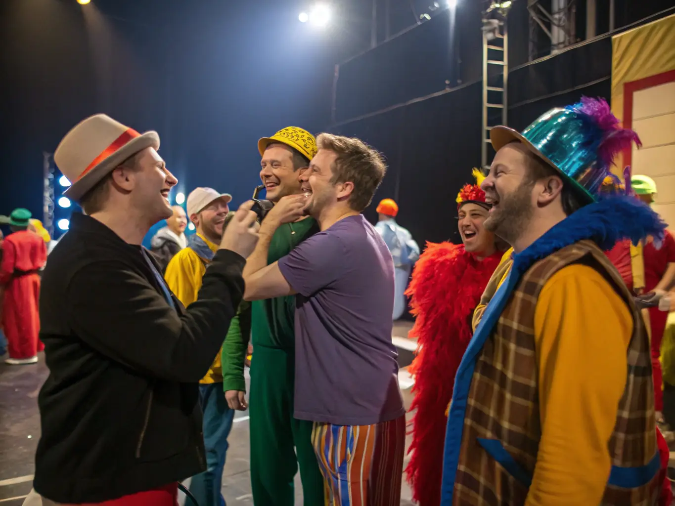 A dynamic image showcasing a behind-the-scenes look at a performance production, highlighting the collaborative efforts of artists, technicians, and volunteers.
